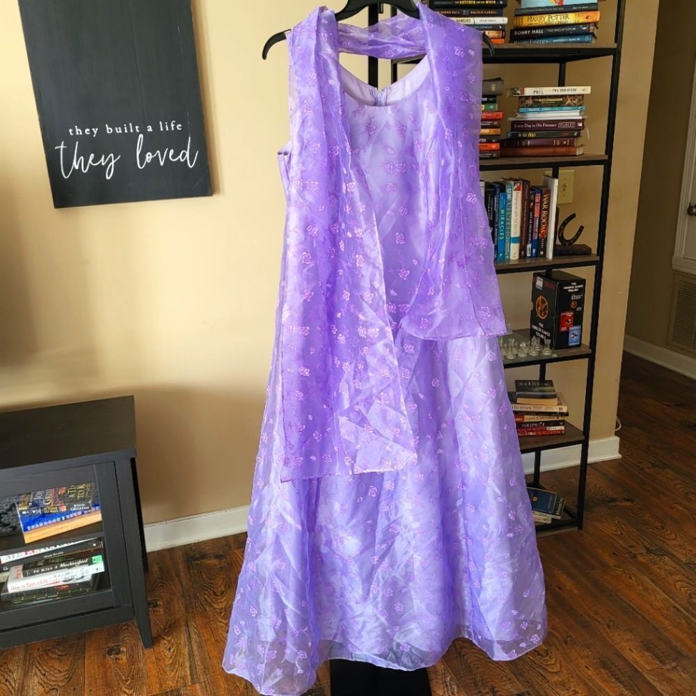 Vintage Y2K Lavender Whimsical Fairy Prom Dress Floral Flower Size 14 With Scarf